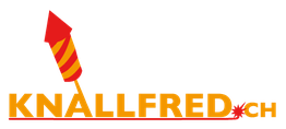 Rakete mit Streifen, daneben der Schriftzug "KNALLFRED.CH" in Gelb mit Funken.