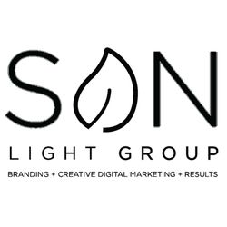 Logo with "SON Light Group," a leaf design inside "O," and tagline on branding and marketing.