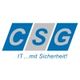 Logo mit den blauen Buchstaben "CSG" und dem Slogan "IT ...mit Sicherheit!".