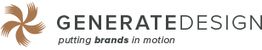 Logo with brown swirl, "Generate Design" text, and slogan "putting brands in motion."
