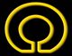 Gelbes Omega-Symbol auf schwarzem Hintergrund, bestehend aus zwei Kreisen.
