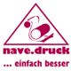 Logo mit Text "nave.druck ... einfach besser" und stilisiertem Drucker-Symbol in rotem Dreieck.