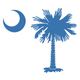 Crescent moon and palm tree in blue silhouette on a white background.