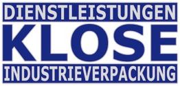 Text in Blau: "DIENSTLEISTUNGEN KLOSE INDUSTRIEVERPACKUNG" auf weißem Hintergrund.