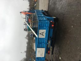 Blauer LKW auf einem Parkplatz, von hinten gesehen, mit offenem Ladekasten und Himmel bewölkt.