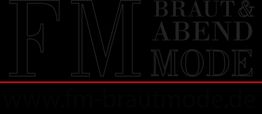 Schwarzes Logo "FM Braut & Abendmode" mit roter Linie und Webadresse unten.