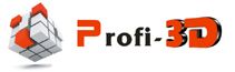 Logo mit rotem 3D-Würfel und Schriftzug "Profi-3D" in schwarz und rot.