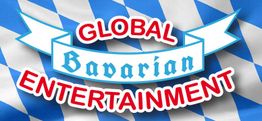 Blau-weiße bayerische Flagge mit rotem Text "Global Entertainment" und "Bavarian".