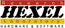 Logo con scritta "Research Hexel Laboratory" e "Hardware & Software" su sfondo rosso e giallo.