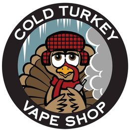 Cartoon turkey with a cap and scarf smoking, surrounded by "Cold Turkey Vape Shop" text.