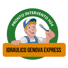 Logo con idraulico sorridente e slogan "Pronto Intervento H24, Idraulico Genova Express".