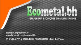 Cartão da Ecometal.bh: Serralheria e multi serviços, contatos e e-mail. Fundo cinza e laranja.
