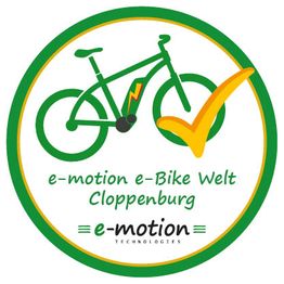 Grünes Fahrradsymbol mit gelbem Häkchen. Text: "e-motion e-Bike Welt Cloppenburg".