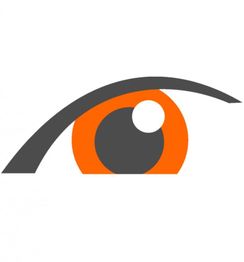 Symbol eines stilisierten Auges, orange und grau, mit einem geschwungenen Strich oben.