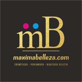 Logo de maximabelleza.com con letras doradas y puntos rosa y azul sobre fondo negro.