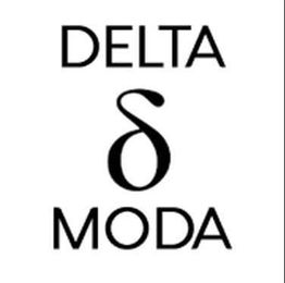 Logo texte "Delta Moda" avec symbole delta stylisé au centre.