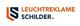 Logo mit den Worten "Leuchtreklame Schilder" neben einem grafischen Symbol in Orange und Blau.