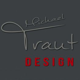Textbild: "Michael Traut DESIGN" in grauer und roter Schrift auf dunklem Hintergrund.