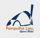 Logotipo com desenho estilizado e texto "Pampulha Lieu Apart Hotel" em azul e marrom.