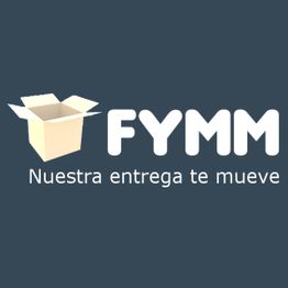 Logotipo con una caja abierta y texto: "FYMM, Nuestra entrega te mueve". Fondo azul oscuro.