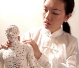 Eine Person in weißer Kleidung betrachtet ein Modell mit Akupunkturpunkten.