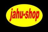 Gelbes Oval mit rotem "jahu-shop"-Schriftzug auf schwarzem Hintergrund.