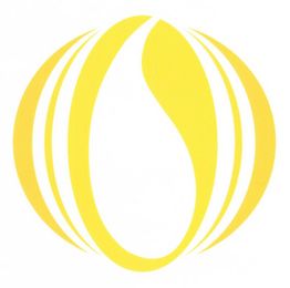 Gelbes Tropfen-ähnliches Symbol inmitten eines stilisierten, gelben, kugelförmigen Designs.