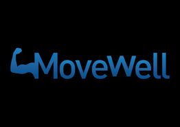 "Logo met blauwe tekst 'MoveWell' en een biceps-illustratie, op een zwarte achtergrond."