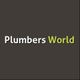 "Plumbers World logo with green 'World' on a dark background."