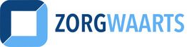 Logo van Zorgwaarts met blauwe tekst en abstracte blauwe vierhoek links.