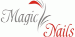Schriftzug "Magic Nails" mit dekorativen Elementen in Rot und Grau.