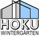 Logo von HOKU Wintergärten mit stilisiertem Glasdach in Grau und Blau.