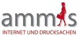 Logo mit Schriftzug "amms", darunter "Internet und Drucksachen", mit roter Silhouette einer Frau.