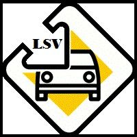 Grafik eines Fahrzeugs auf gelbem Grund, überlagert mit "LSV" und umrahmt von Linien.