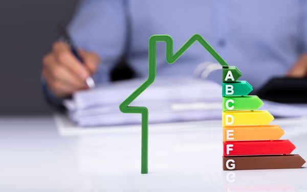 Energieeffizienz-Skala mit Hauskontur – Symbol für nachhaltiges Bauen und Energieberatung.