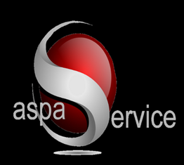 Silbernes "S" auf roter Kugel, mit Text "aspa service" in Grau, schwarzer Hintergrund.