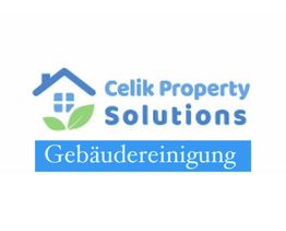Logo mit Haus, Blättern und Text: "Celik Property Solutions, Gebäudereinigung".