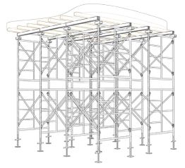 Diseño de andamios de metal con estructura de soporte transversal y techo curveado.