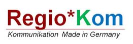 Logo mit Text "Regio*Kom: Kommunikation Made in Germany" in Rot, Grün und Blau.