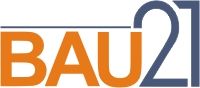 Logo mit der Aufschrift "BAU 21" in orange und blau.