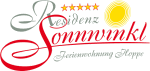 Logo mit Schriftzug "Residenz Sonnwinkl" und Symbol einer Sonne, 5 Sterne, "Ferienwohnung Hoppe".