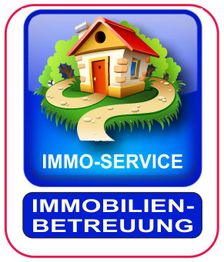 Zeichnung eines Hauses mit Schrift: "IMMO-SERVICE, IMMOBILIEN-BETREUUNG" auf blauem Hintergrund.
