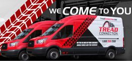 Red vans with "Tread Connection" branding and "We Come to You" slogan on a graphic background.