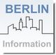 Silhouette der Skyline Berlins mit "Berlin Information" in Blau und Grau.