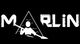 Logotipo de "MARLIN" con figura remando frente a olas y un triángulo en fondo negro.