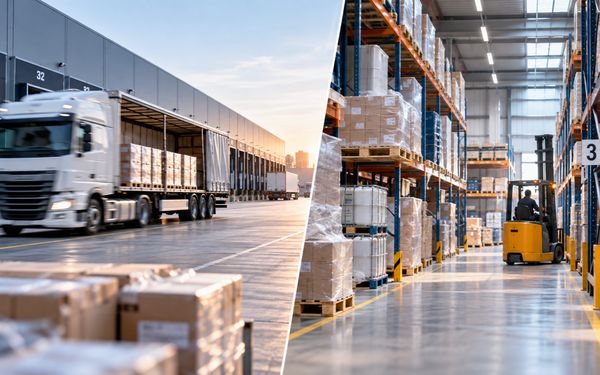 Vergleich von Just-in-time und Just-in-case mit Lkw vor einem Logistikzentrum und gefülltem Hochregallager.