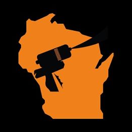 Orange Wisconsin outline with a black spray paint gun silhouette overlay.