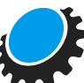 Blue circle inside a black gear-like shape, tilted to the right.