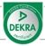 Grünes DEKRA-Logo mit weißem Kreis und Schriftzug "Geprüfte Sicherheit".