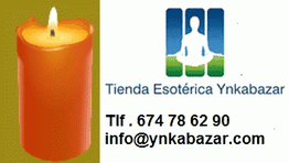 Vela naranja encendida al lado del logo de Tienda Esotérica Ynkabazar y datos de contacto.